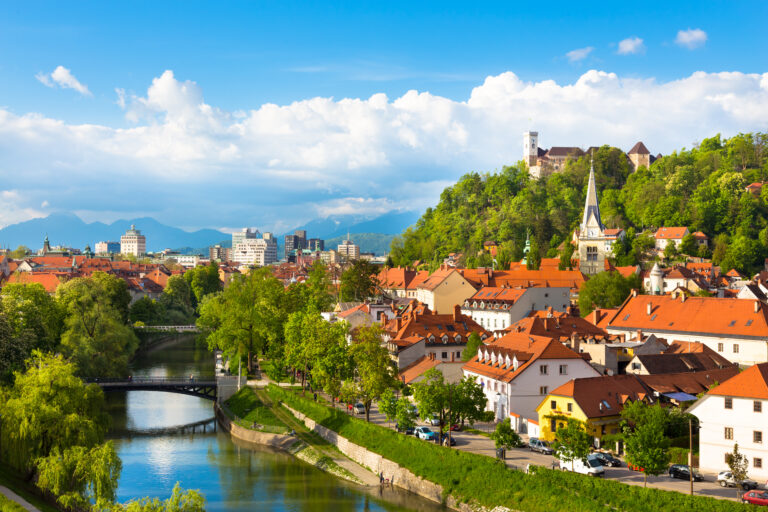 Panoramic view of Ljubljana with St. Lawrence Cathedral and river.
