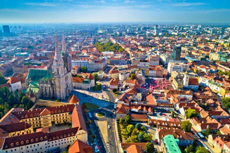 Aerial view of Zagreb featuring the Zagreb Cathedral.