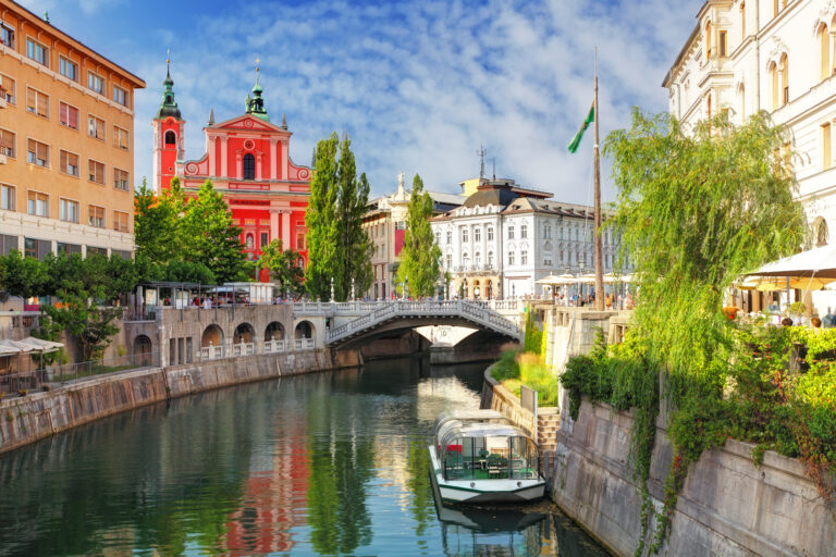 View of Triple Bridge and Franciscan Church in Ljubljana