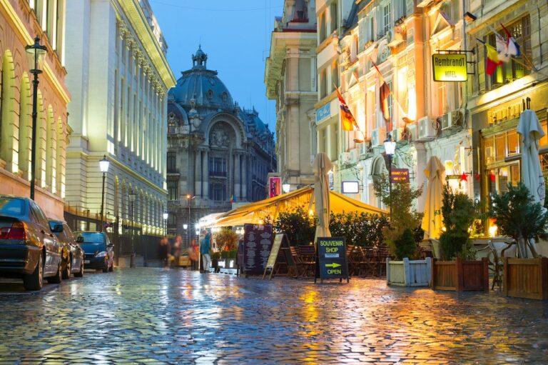 Night scene in Lipscani, Bucharest's Old Town.