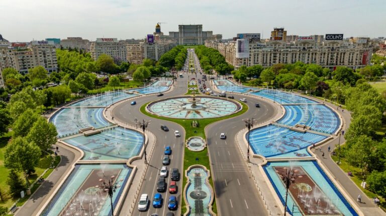 Aerial view of Unirii Boulevard and Palace of the Parliament in Bucharest