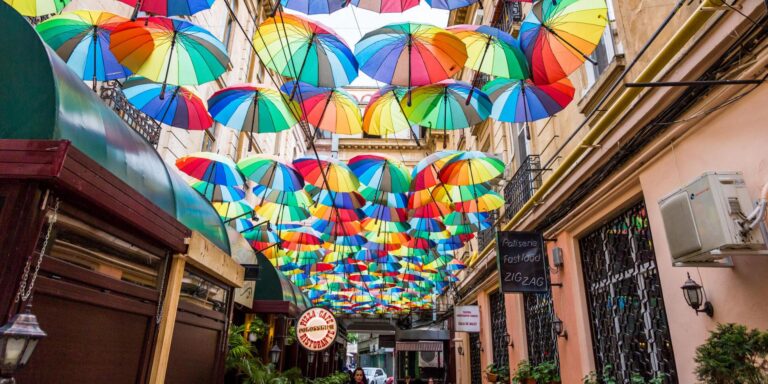 Colorful umbrellas hanging over a street in Bucharest.