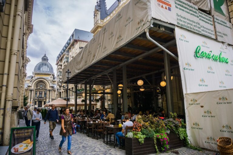 Outdoor dining at Caru' cu Bere in Bucharest.
