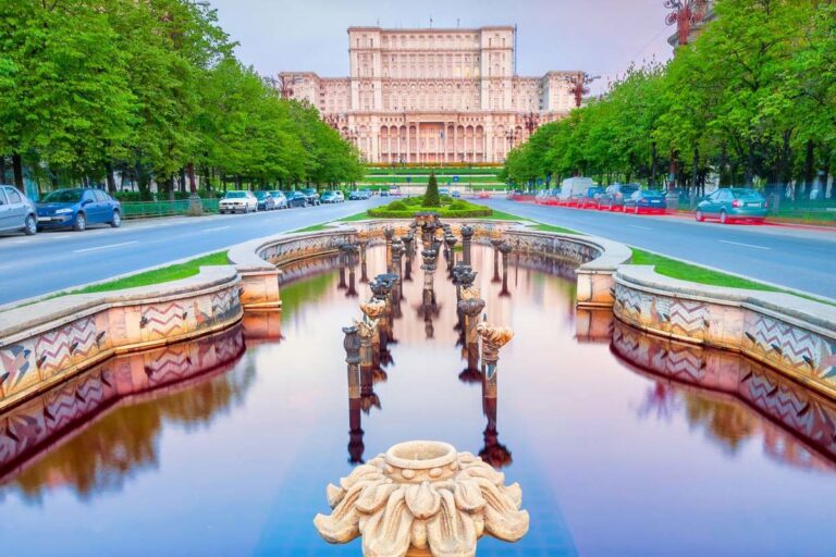 Palace of the Parliament in Bucharest with fountain