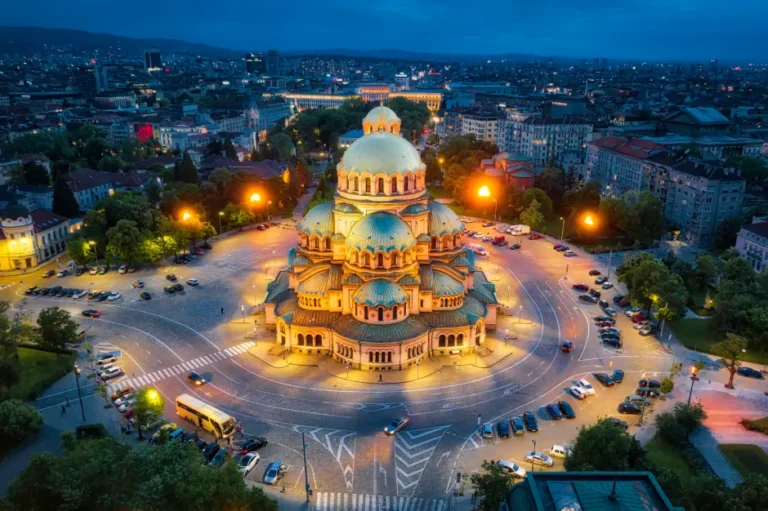 Aerial view of Alexander Nevsky Cathedral at night in Sofia.