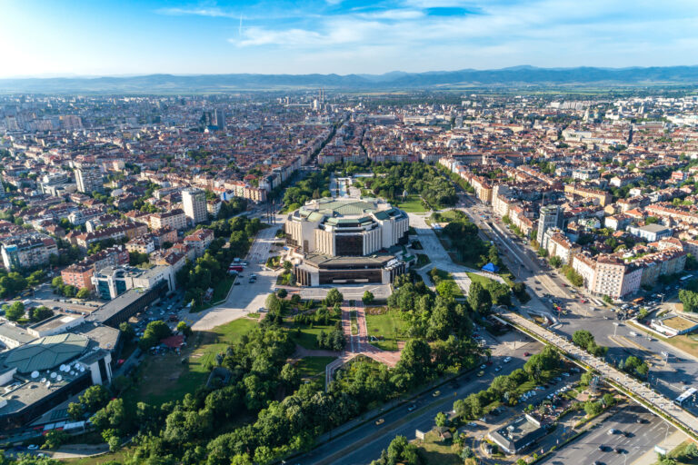 Aerial view of the National Palace of Culture in Sofia, Bulgaria.