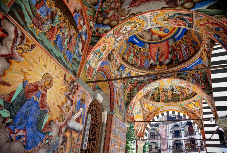 Colorful frescoes at Rila Monastery in Bulgaria