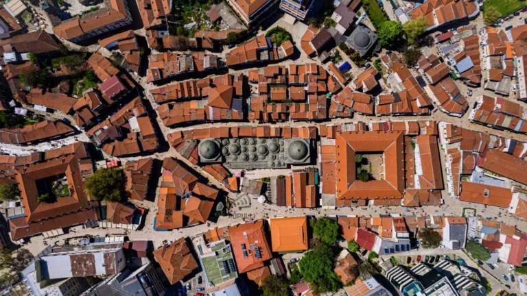 Aerial view of Skopje's Old Bazaar with Ottoman architecture.