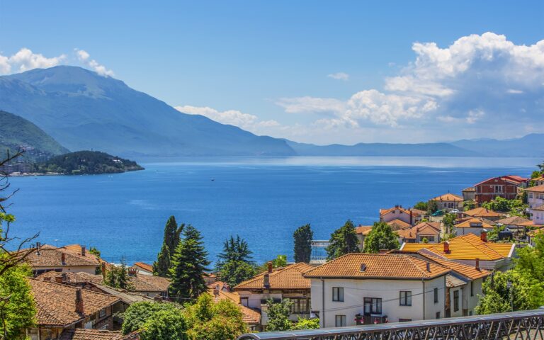 Scenic view of Lake Ohrid with mountains and houses