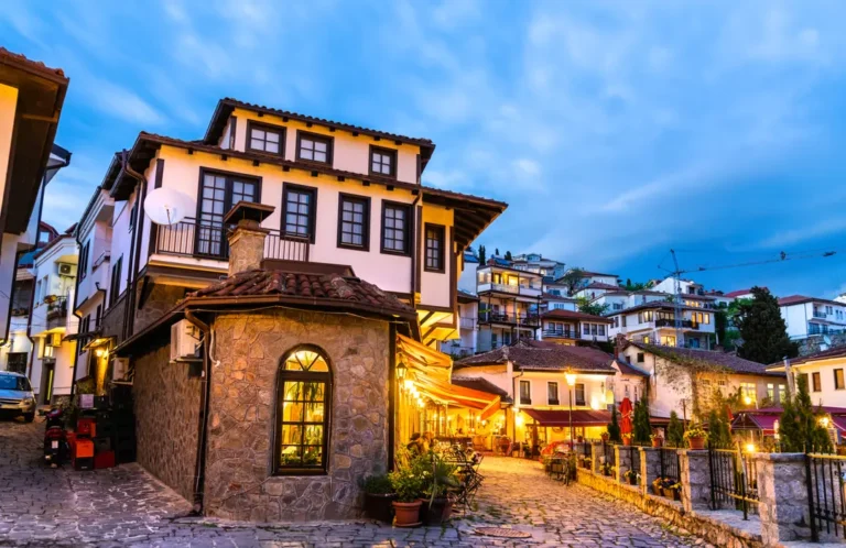 Historic streets of Ohrid in the evening