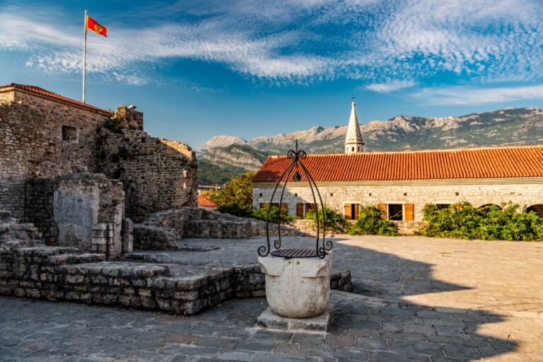 Historic courtyard in Budva Old Town, Montenegro