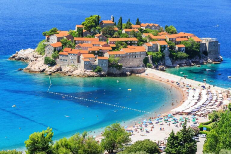 Aerial view of Sveti Stefan island resort in Montenegro.