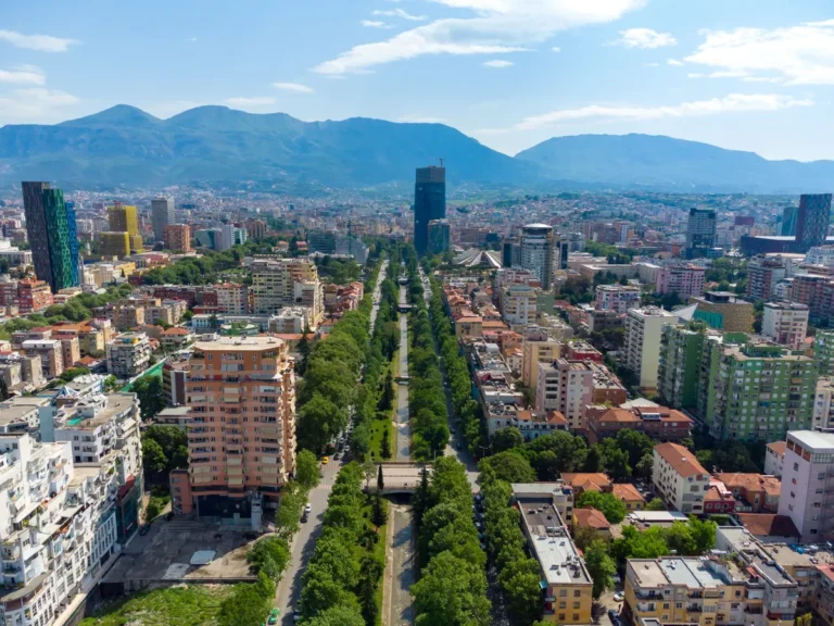 Aerial view of Tirana, Albania with mountains in the background