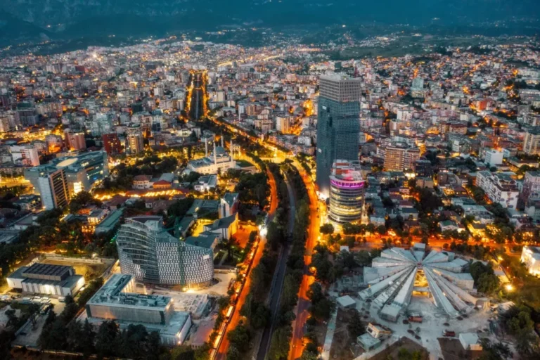 Aerial view of Tirana, Albania at night