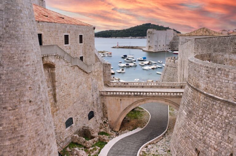 Dubrovnik city walls overlooking the Adriatic Sea at sunset