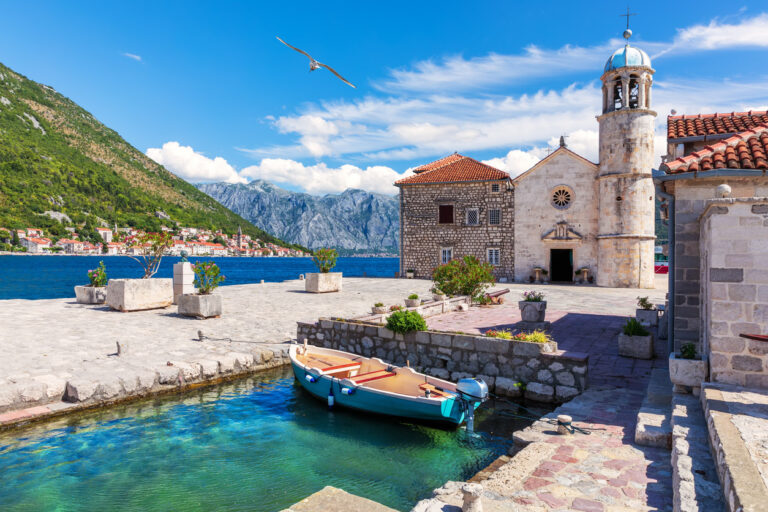 Scenic view of Our Lady of the Rocks in Kotor Bay, Montenegro