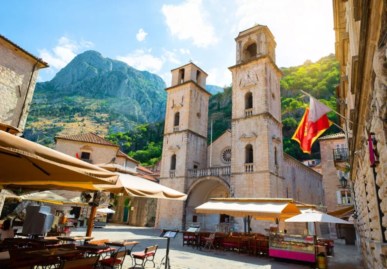 Kotor Cathedral with mountains in the background