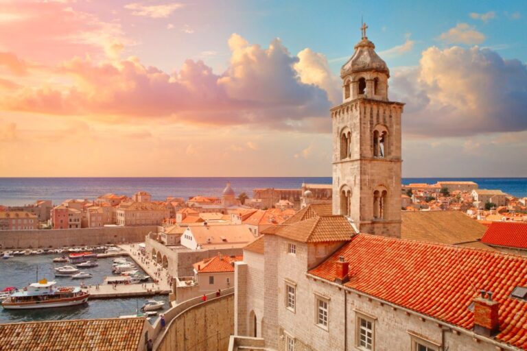 Dubrovnik Old Town at sunset with bell tower and sea view