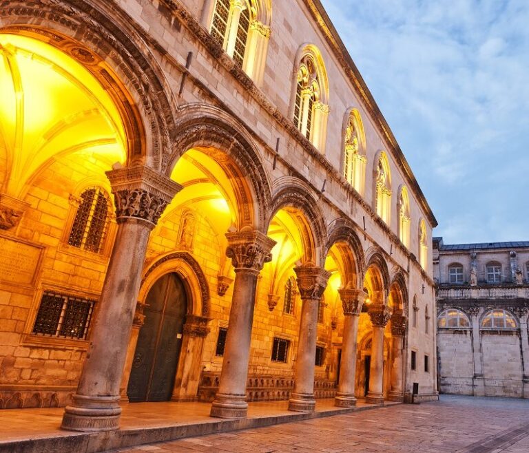 Illuminated arches of Rector's Palace in Dubrovnik at night