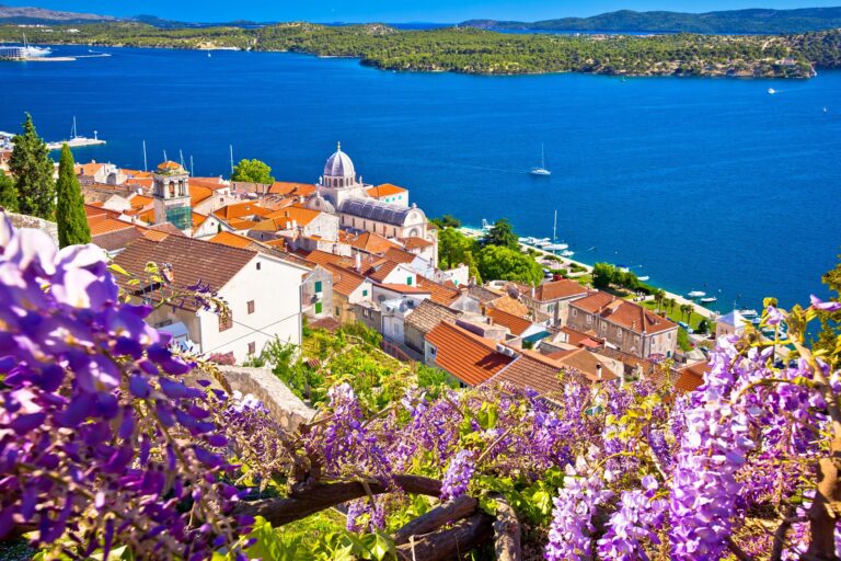 View over Sibenik with St. James Cathedral and Adriatic Sea.