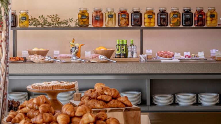 Breakfast buffet at a hotel in Siena, Italy.