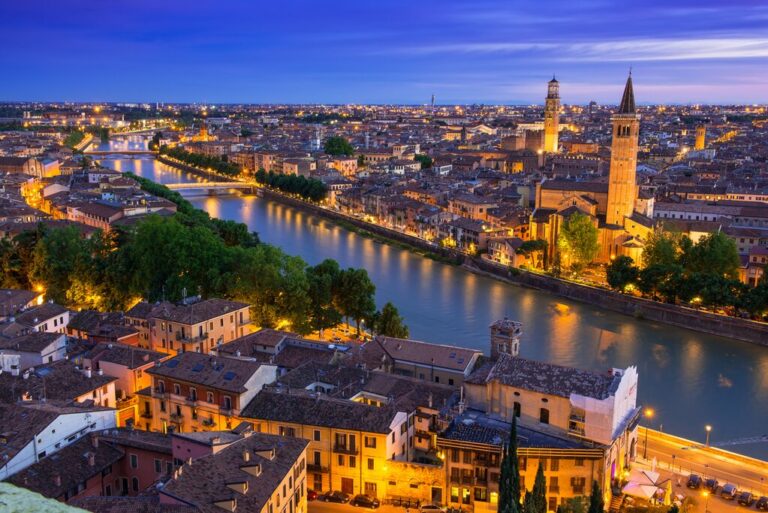 Verona cityscape with Adige River at dusk
