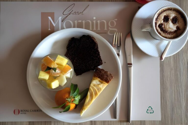 Breakfast at Royal Caserta Hotel with coffee and pastries