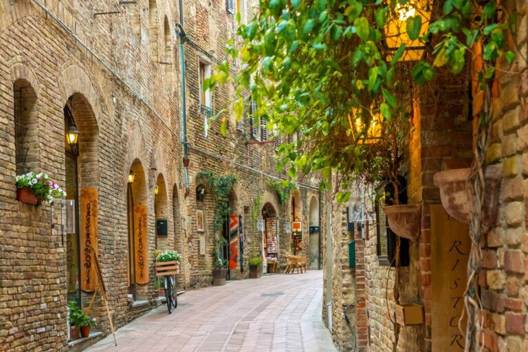 Cobblestone street in historic San Gimignano, Italy
