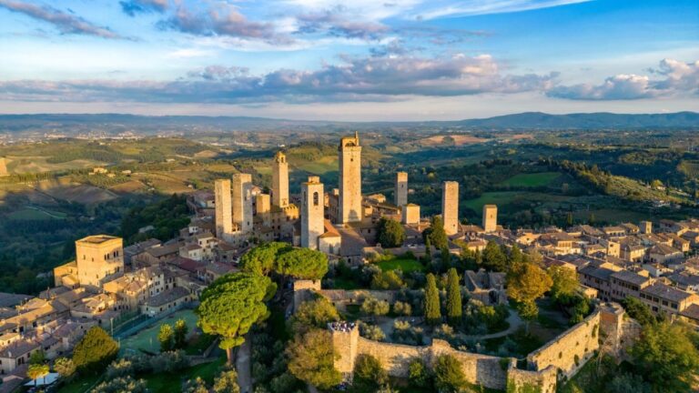 Aerial view of San Gimignano's medieval towers in Tuscany.