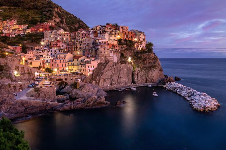 Colorful buildings of Manarola at sunset