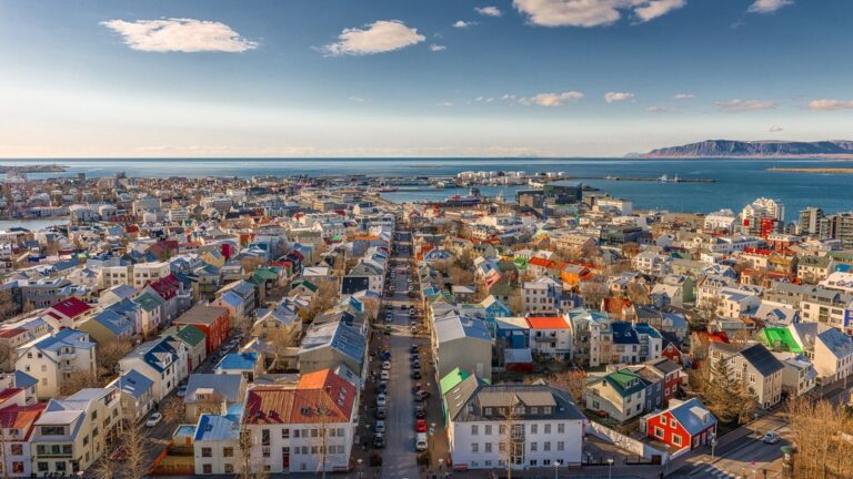 Aerial view of Reykjavik with colorful rooftops