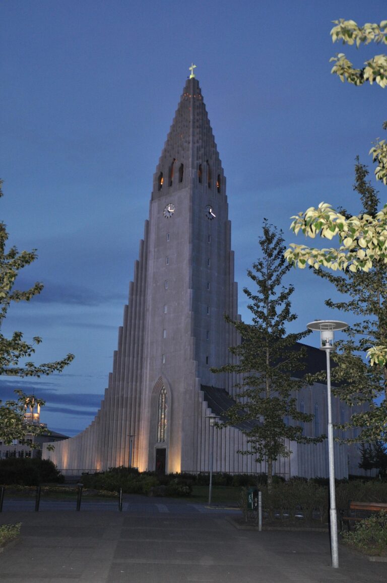 Hallgrimskirkja church at dusk in Reykjavik