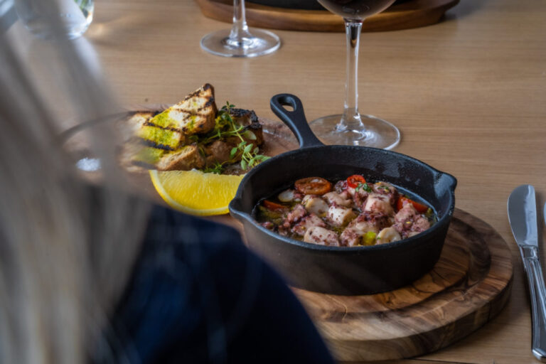Gourmet dish with seafood and wine at Hallormsstadur Hotel in Iceland