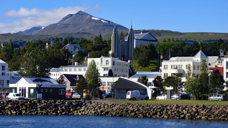 Scenic view of Akureyri with church and mountains