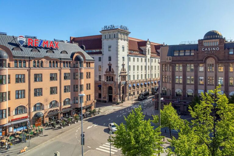 Cityscape view of Helsinki with historic buildings and trees