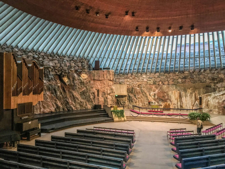 Interior of Temppeliaukio Church with rock walls