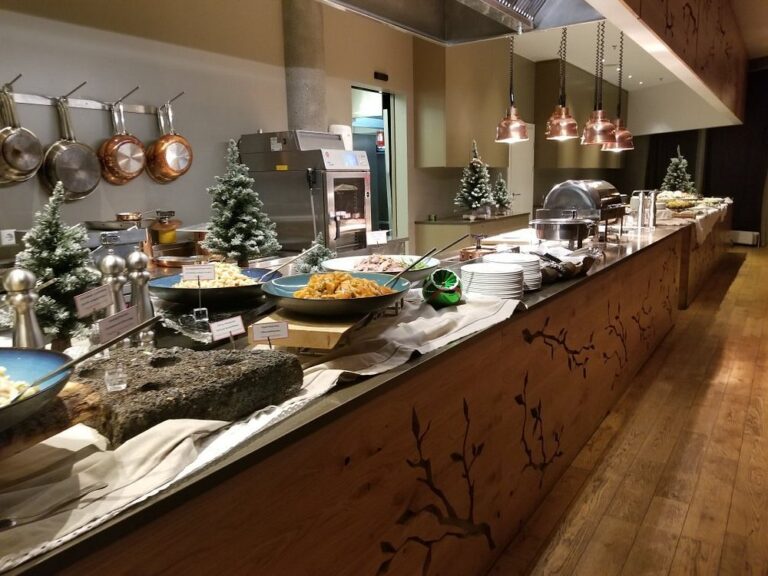 Buffet dining setup with Nordic decor.