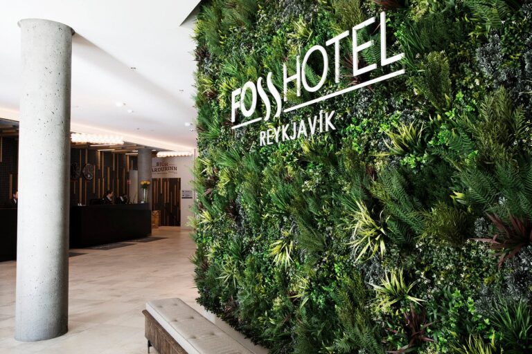 Foss Hotel Reykjavik lobby with green vertical garden