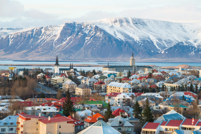 Reykjavik cityscape with Esjan mountain range