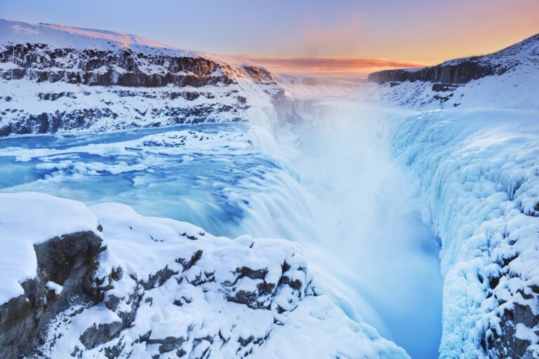 Gullfoss Waterfall covered in snow and ice during winter.