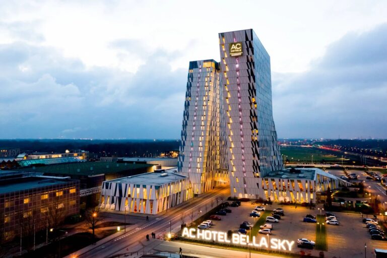 AC Hotel Bella Sky in Copenhagen at dusk