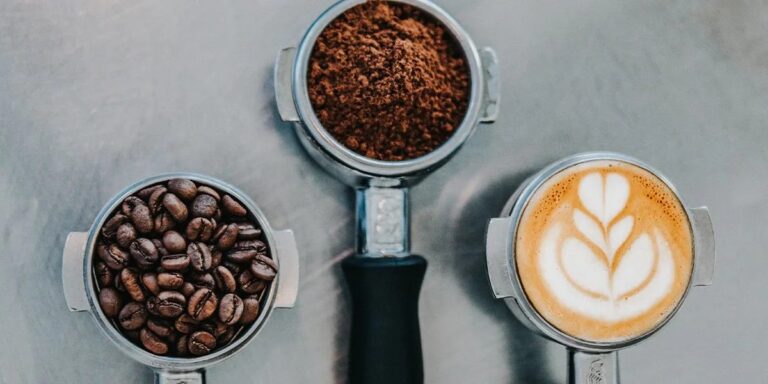 Coffee beans, ground coffee, and latte art in portafilters.