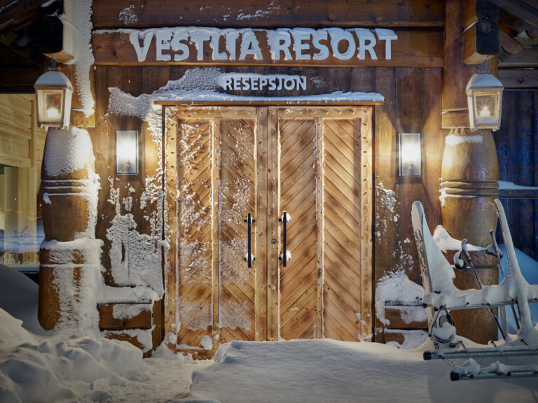 Snow-covered entrance of Vestlia Resort in Geilo, Norway