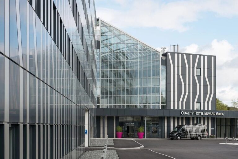 Modern glass facade of Quality Hotel Edvard Grieg in Bergen, Norway