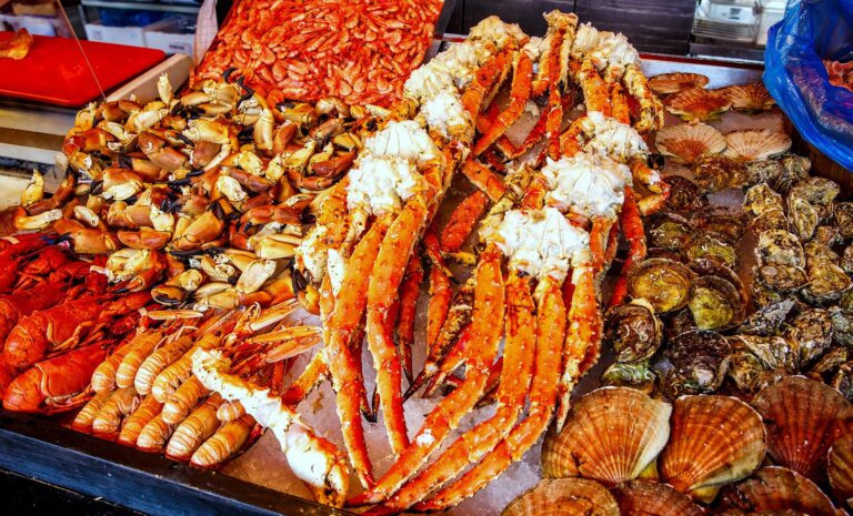 Fresh seafood display at Bergen Fish Market