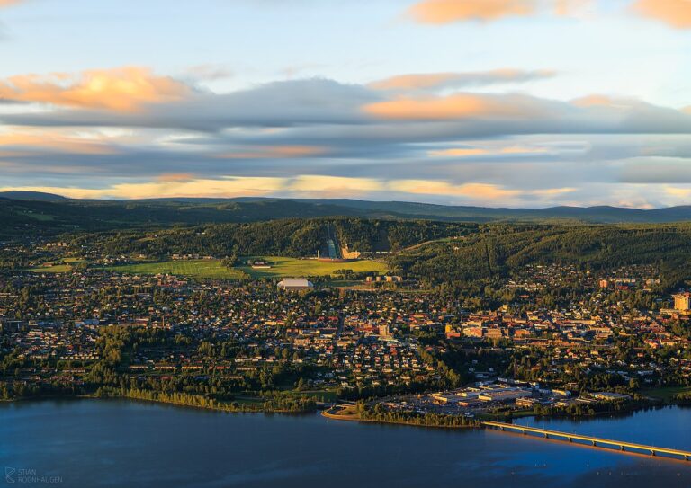 Aerial view of Lillehammer, Norway at sunset.