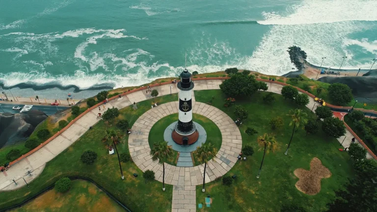 Aerial view of the Miraflores lighthouse in Lima, Peru.