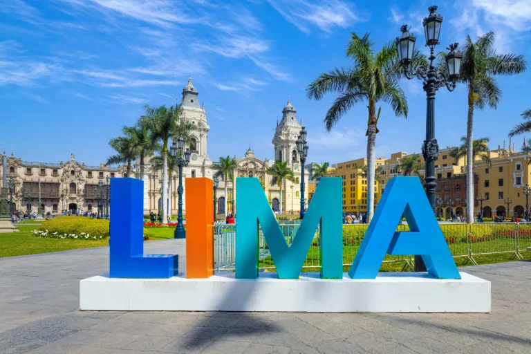 Plaza Mayor Lima with colorful Lima sign