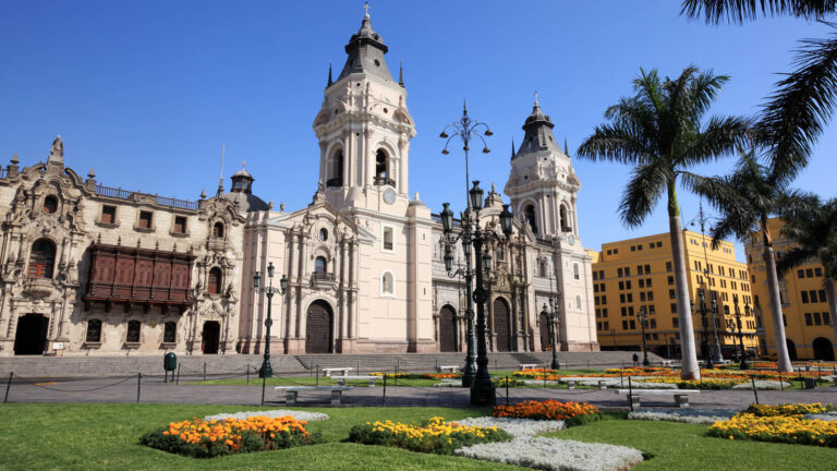 Lima Cathedral and Archbishop's Palace at Plaza Mayor.