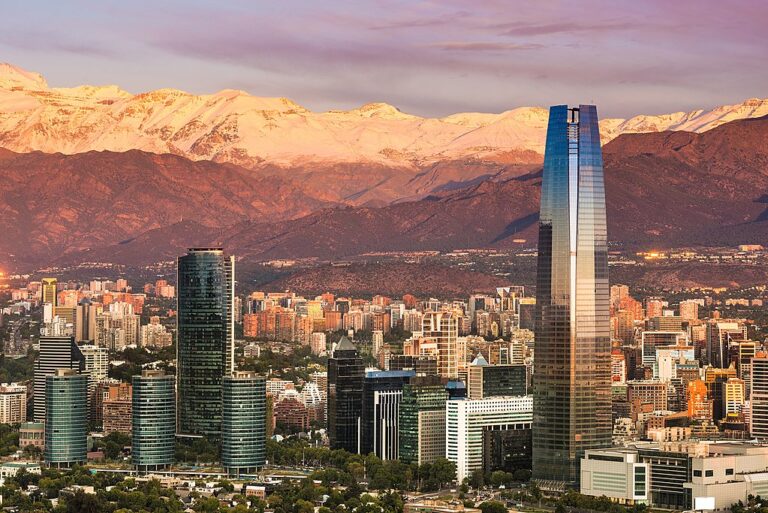 Santiago skyline with Andes Mountains at sunset
